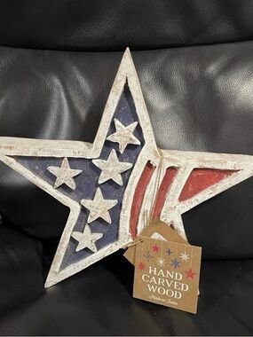 Hand Carved Wood Patriotic Star Garland - Red and Blue